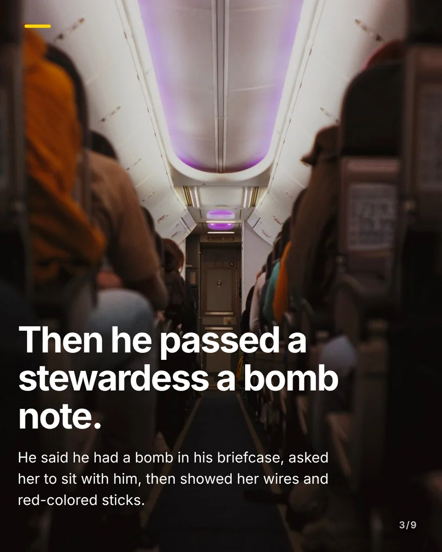 Slide three: the dim central aisle of an airliner cabin between rows of seats, under the headline “Then he passed a stewardess a bomb note.”