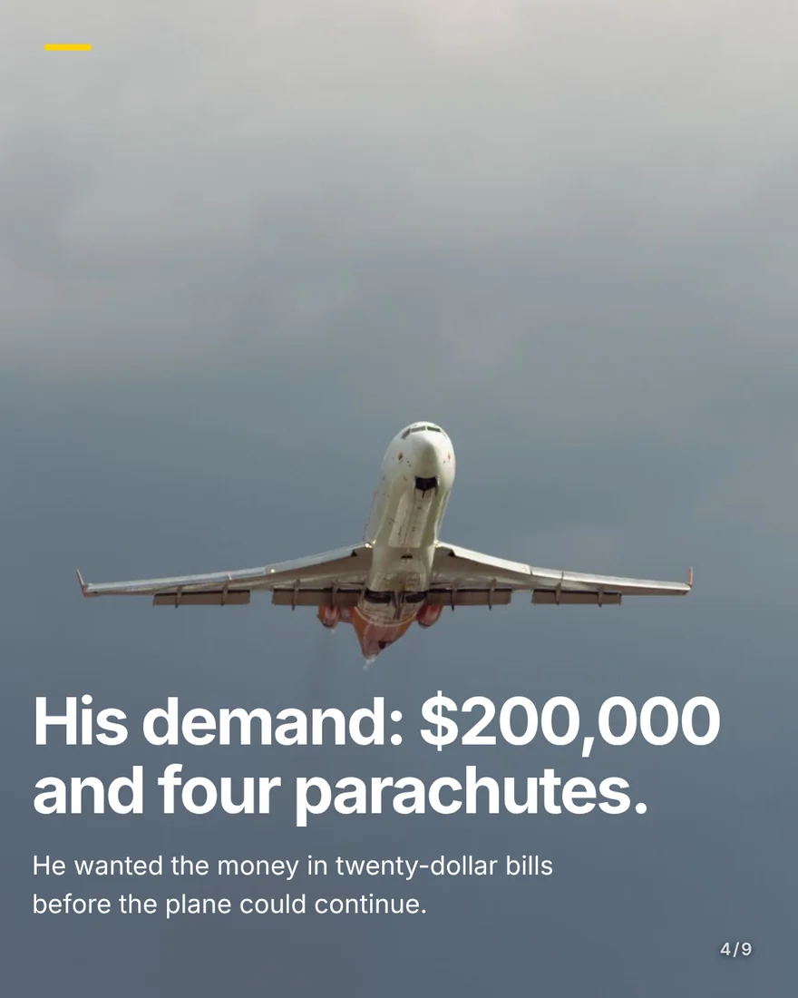 Slide four: a Boeing 727 climbing head-on into an overcast sky, under the headline “His demand: $200,000 and four parachutes.”