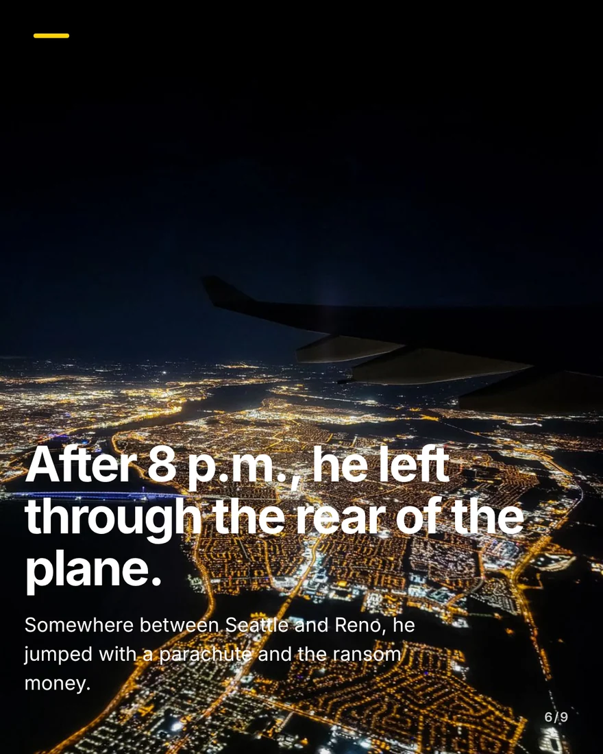 Slide six: an airliner wing over a city lit up at night, under the headline “After 8 p.m., he left through the rear of the plane.”