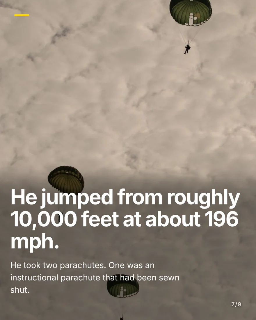 Slide seven: three round parachutes drifting down against a pale, cloudy sky, under the headline “He jumped from roughly 10,000 feet at about 196 mph.”