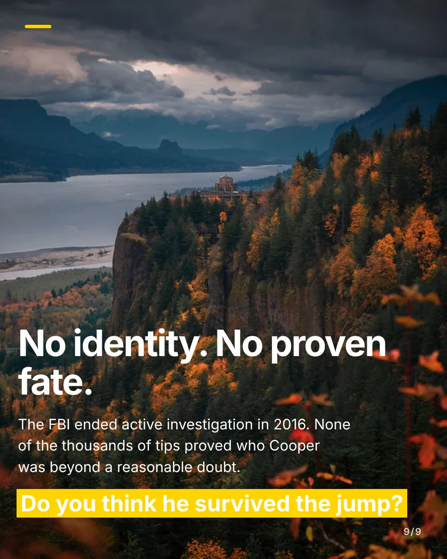 Slide nine: the Columbia River Gorge under dark storm clouds, under the headline “No identity. No proven fate.” and the question “Do you think he survived the jump?”