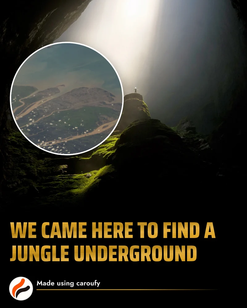 A Broadcast cover: heavy gold capitals reading “We came here to find a jungle underground” on a black band under a shaft of sunlight falling into a vast cave onto green growth, with an astronaut’s photograph of Vietnam’s coast cut into a circle over the top left.