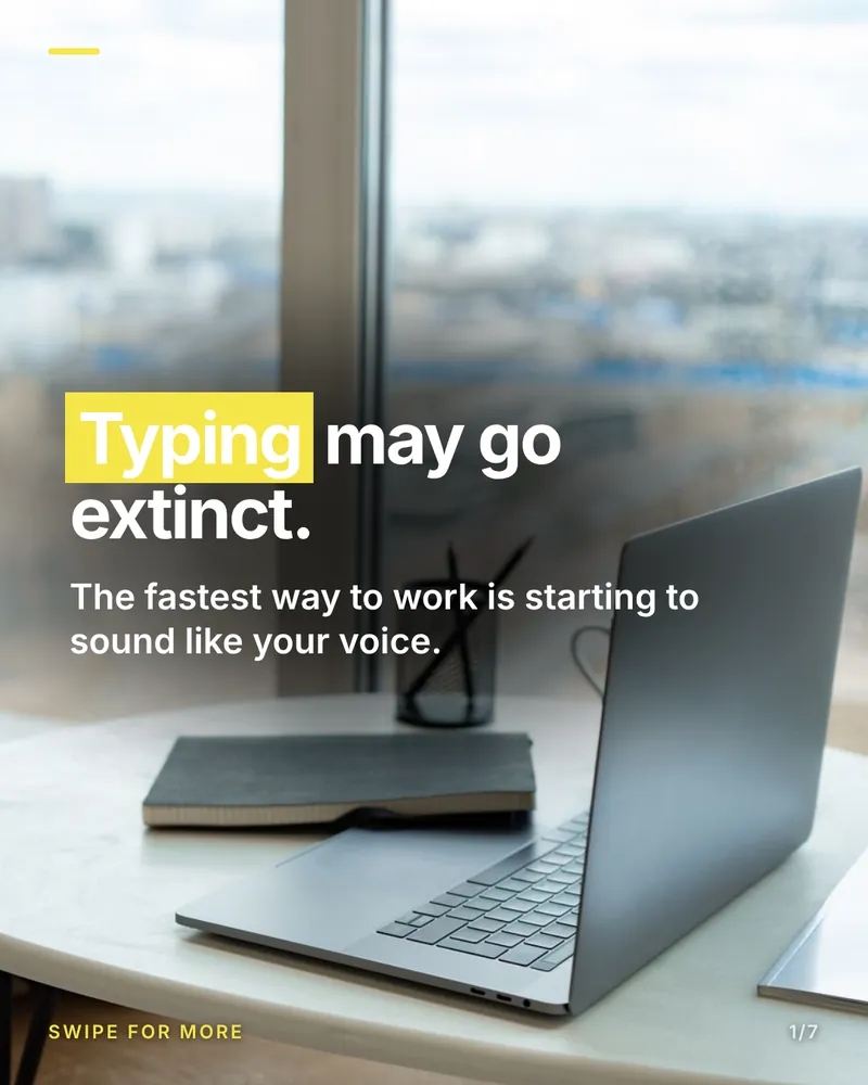A Press carousel cover: “Typing may go extinct”, the first word on a yellow highlight, over a photograph of a laptop by a window.