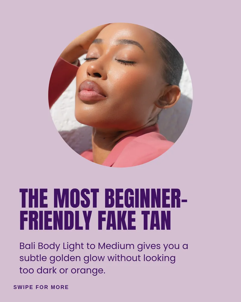 A Zine carousel cover: purple condensed capitals reading “The most beginner-friendly fake tan” on lilac, with a circular portrait above.